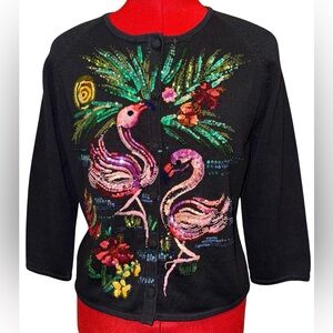 Michael Simon Vintage Beaded Flamingo Cardigan Sweater Black Size S Sequined Art